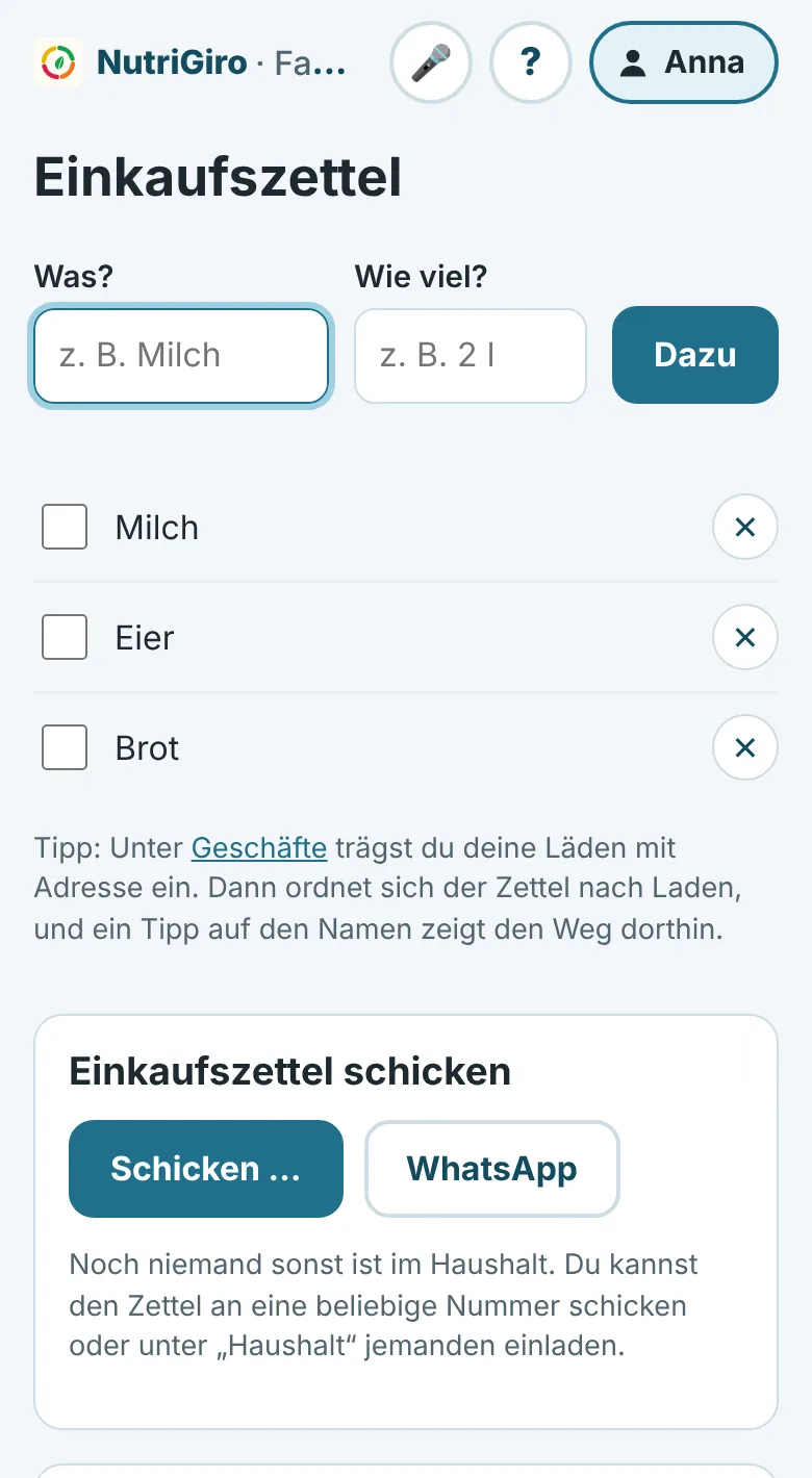 Einkaufszettel in NutriGiro