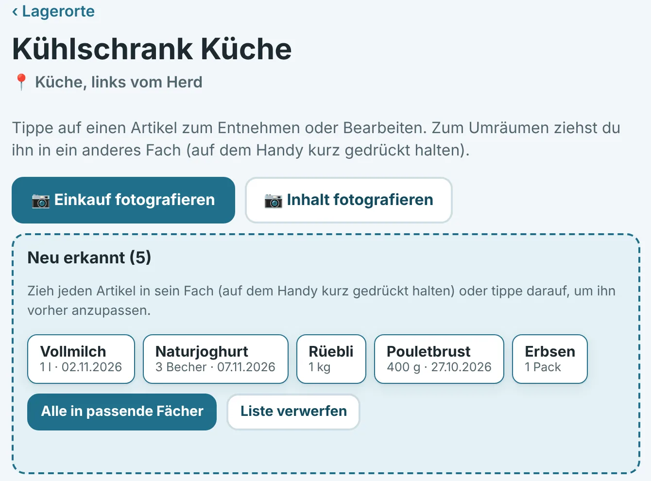 Erkannte Artikel aus einem Einkaufsfoto